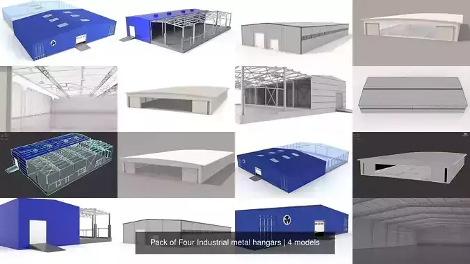 Pack of Four Industrial metal hangars 3D Model Collection