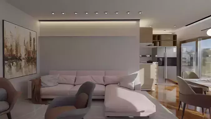 living room with smart kitchen
