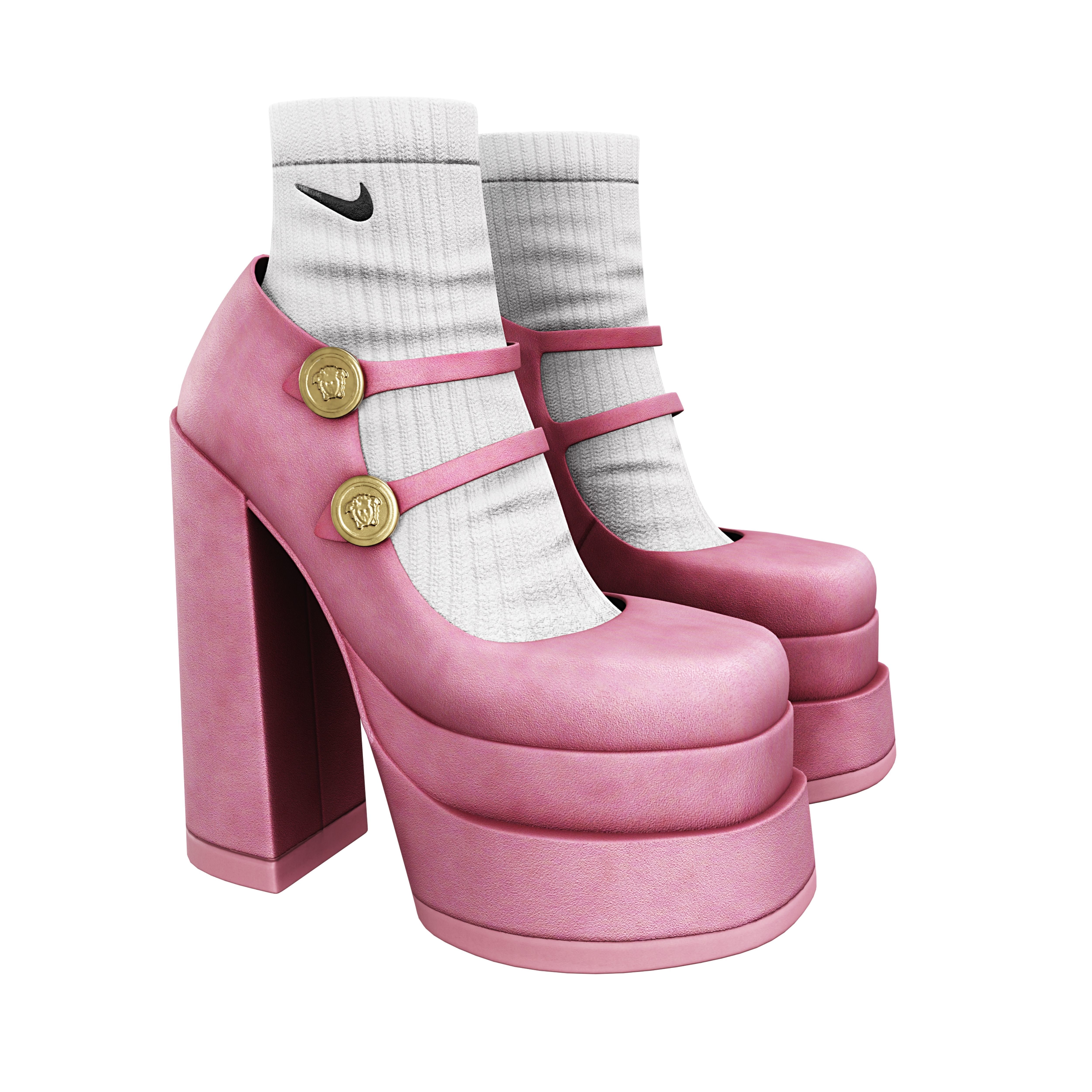 Platform High Heels Velvet Satin BUNDLE with Socks Low-poly 3D model_1