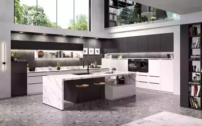 Black and white modern kitchen with island