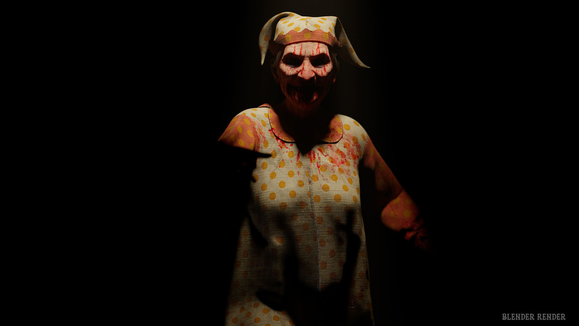 Scary old woman Clown game character for Horror games Low-poly 3D model_5