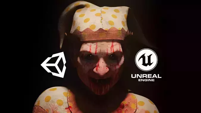 Scary old woman Clown game character for Horror games Low-poly 3D model