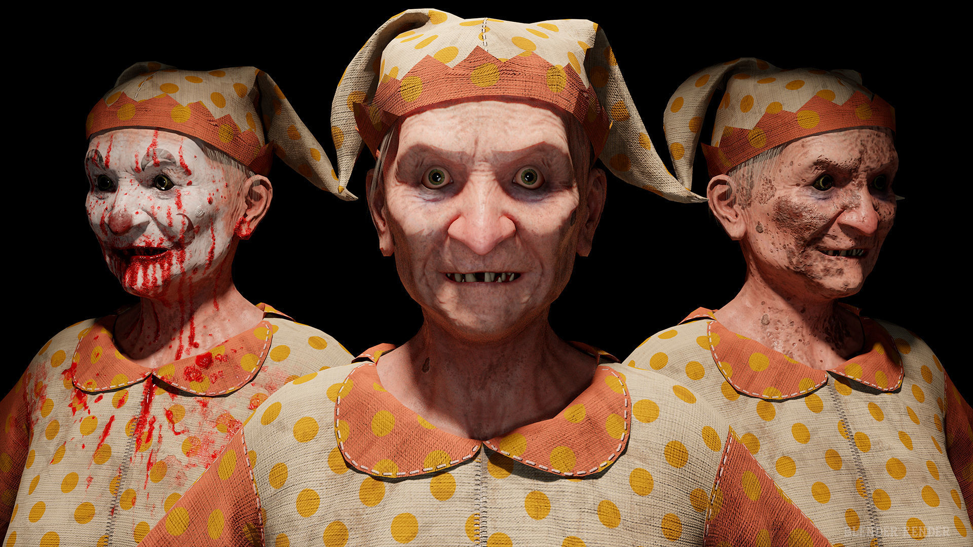 Scary old woman Clown game character for Horror games Low-poly 3D model_11