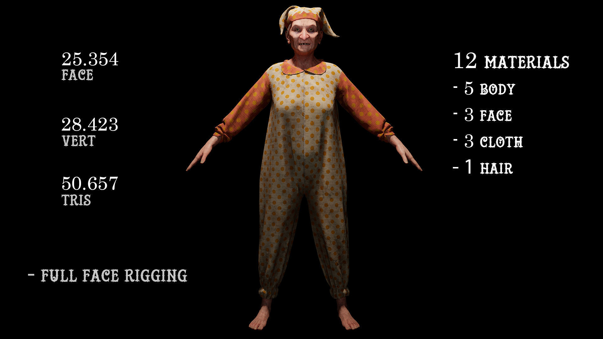 Scary old woman Clown game character for Horror games Low-poly 3D model_2