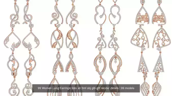 99 Women Long Earrings 3dm stl 3mf obj glb gltf render details