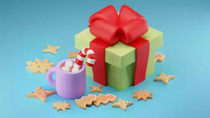 Cute present gift with cocoa with marshmallows and cookies