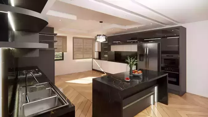 Modern Kitchen 3D Model with Beautiful Cabinets
