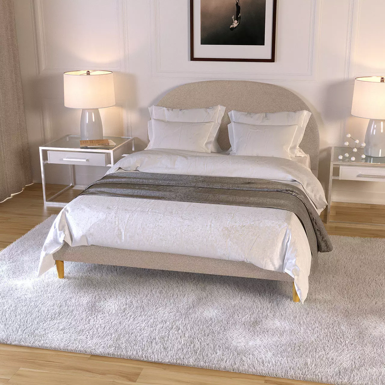 MODERN SIMPLE DOULE BED WITH WOODEN HEADBOARD Low-poly 3D model_0