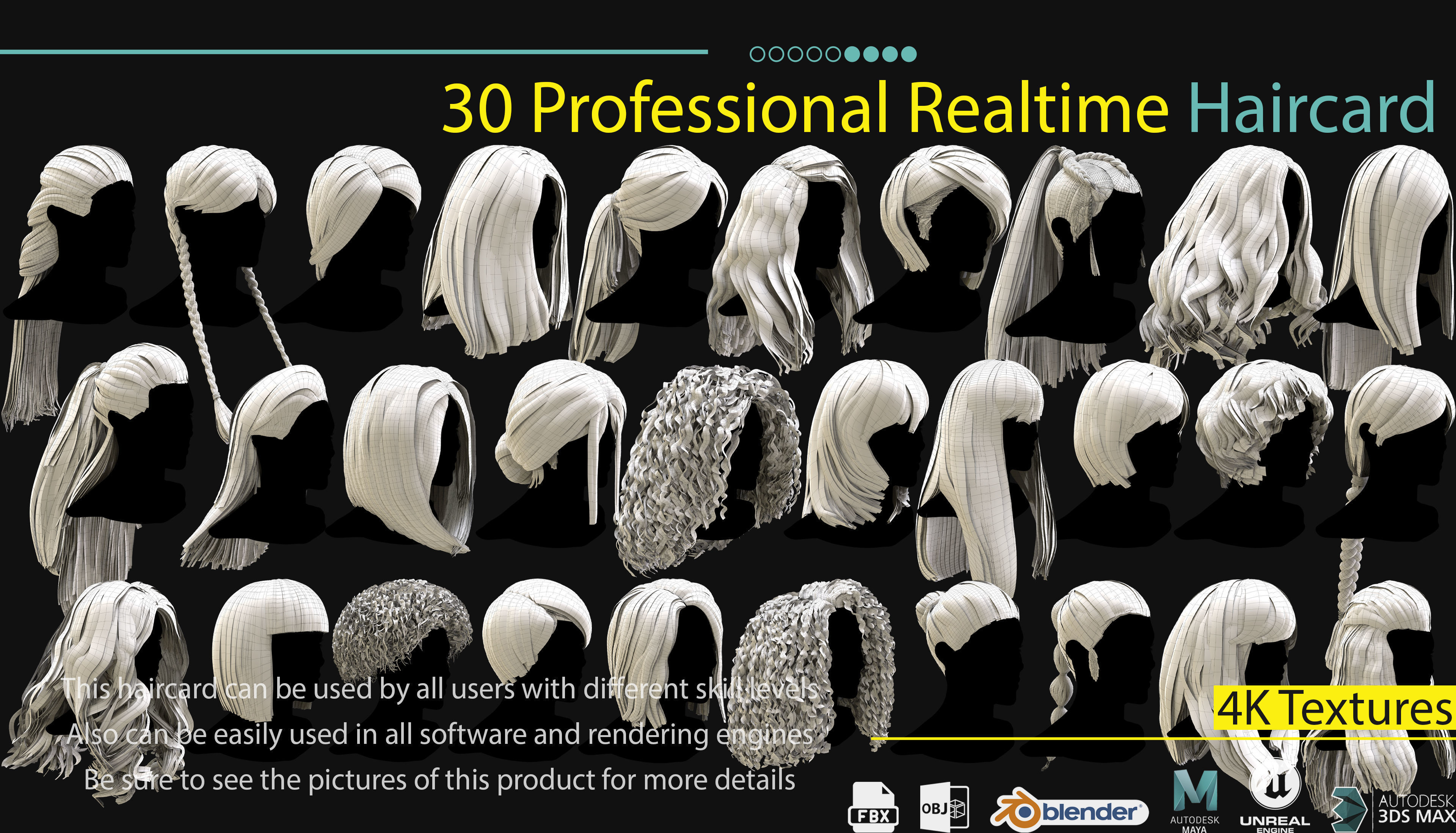 30 Profesional Realtime Haircard Low-poly 3D model_2