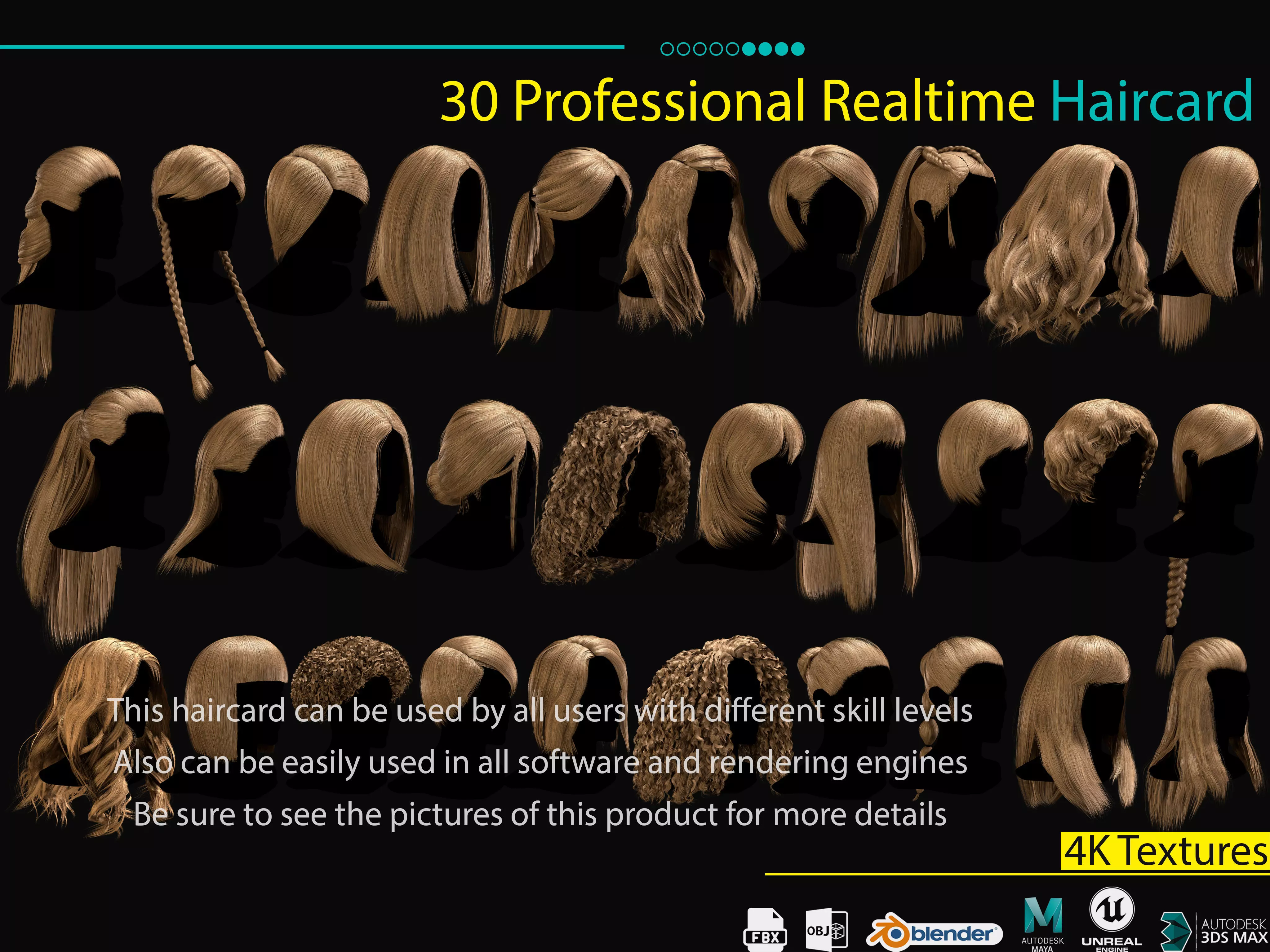 30 Profesional Realtime Haircard Low-poly 3D model_0
