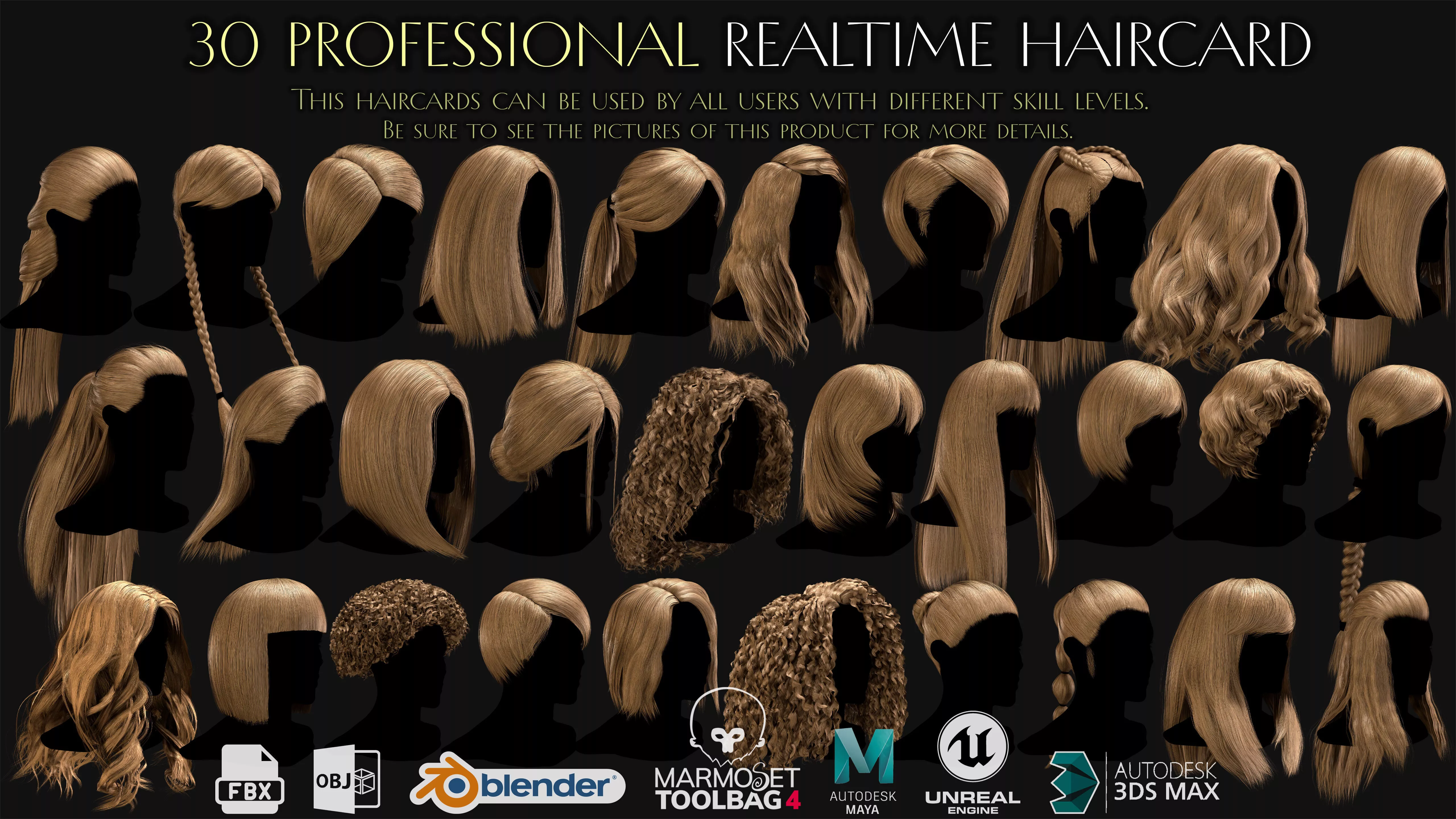 30 Profesional Realtime Haircard Low-poly 3D model