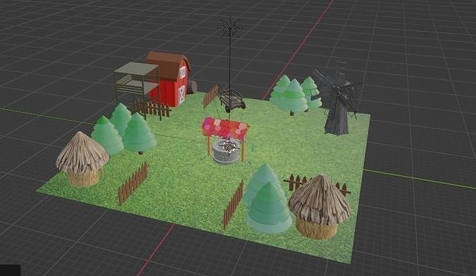 Low poly 3D model of a village Low-poly 3D model