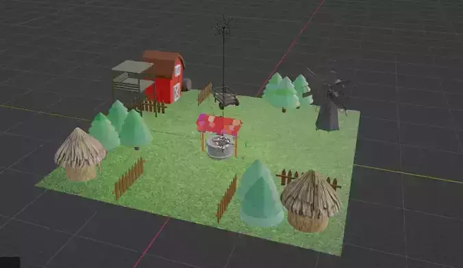 Low poly 3D model of a village