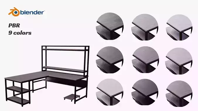 L shaped desk with shelf in color variations Low-poly 3D model