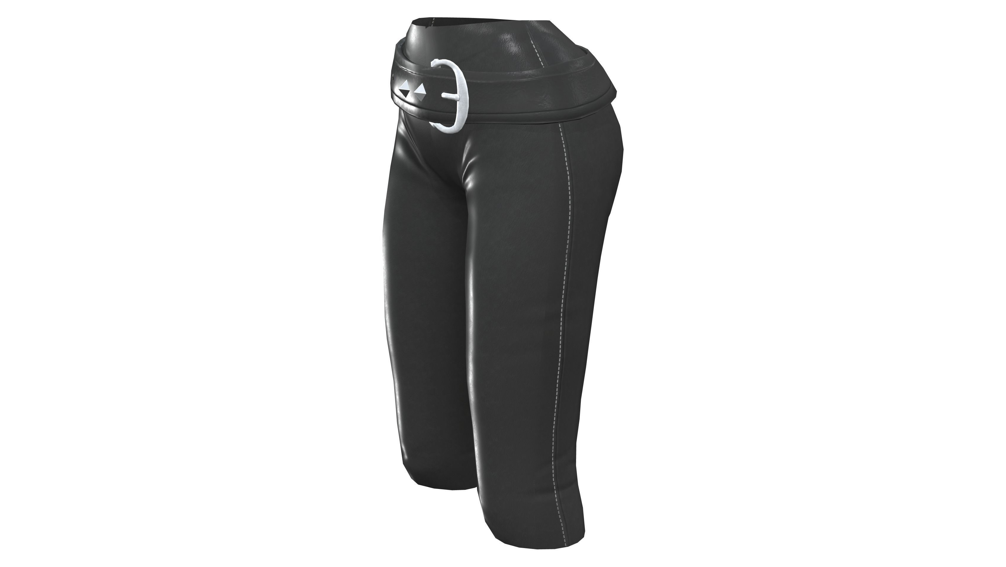 Female Black Leather Fantasy Pants With Belt Low-poly 3D model_2