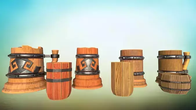 Set of wooden mugs for beer and drinks
