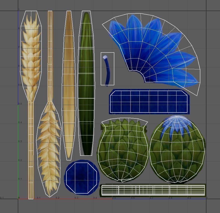 Stylized Cornflower and Wheat Low-poly 3D model_9