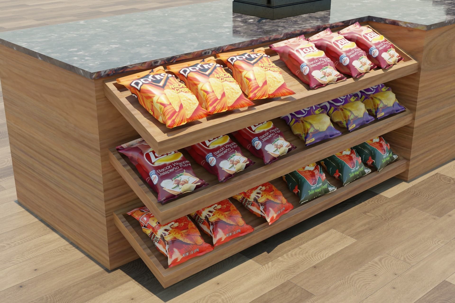 Supermarket Checkout Counter Cashier with food Low-poly 3D model_3