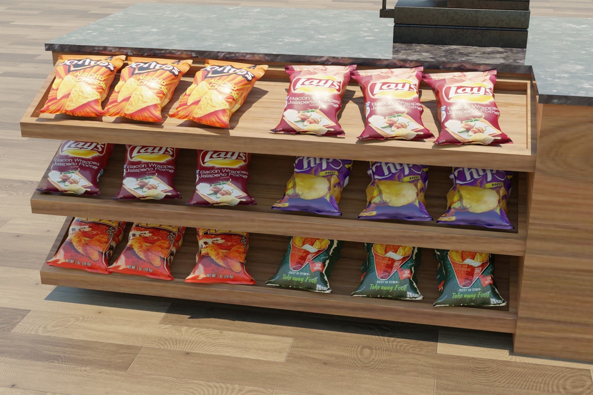 Supermarket Checkout Counter Cashier with food Low-poly 3D model_4