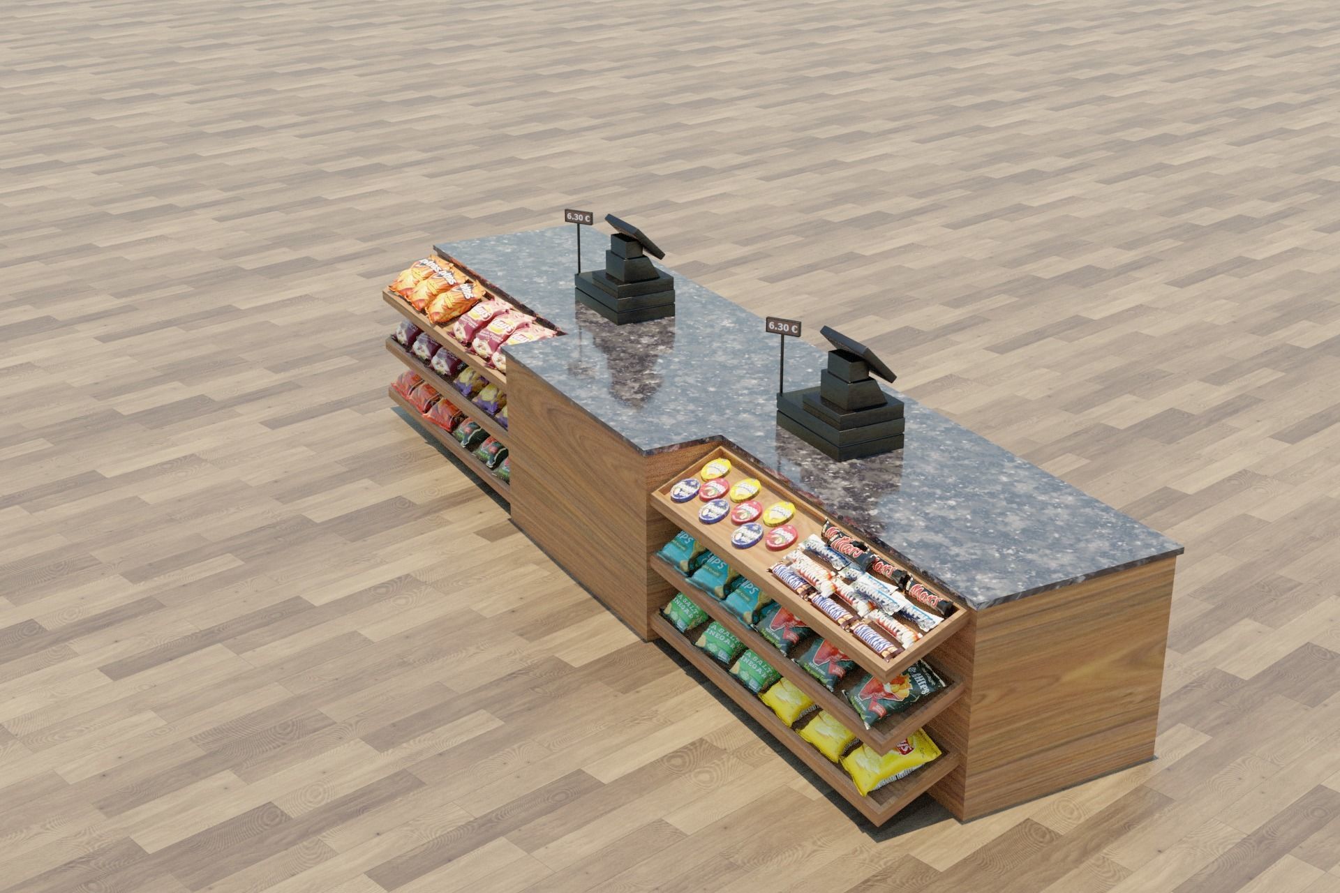 Supermarket Checkout Counter Cashier with food Low-poly 3D model_2