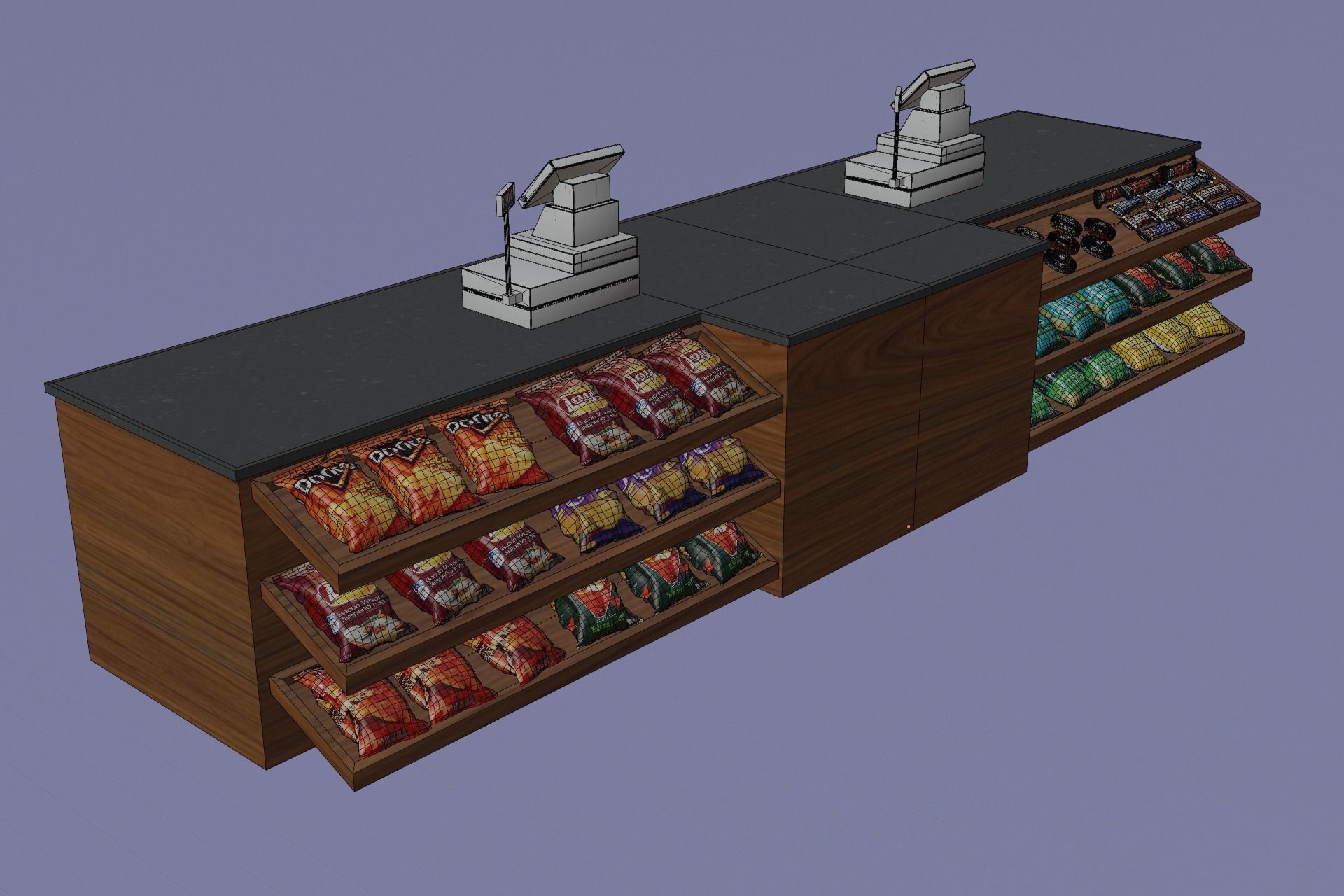 Supermarket Checkout Counter Cashier with food Low-poly 3D model_12