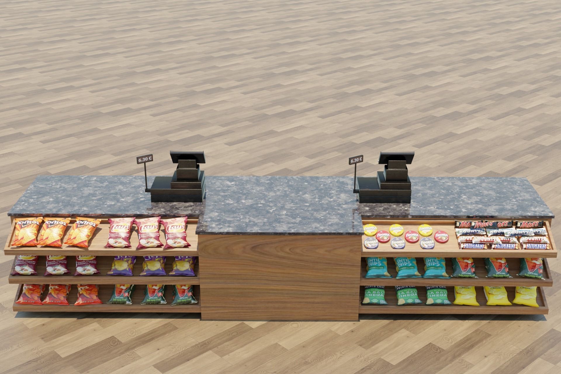 Supermarket Checkout Counter Cashier with food Low-poly 3D model_1