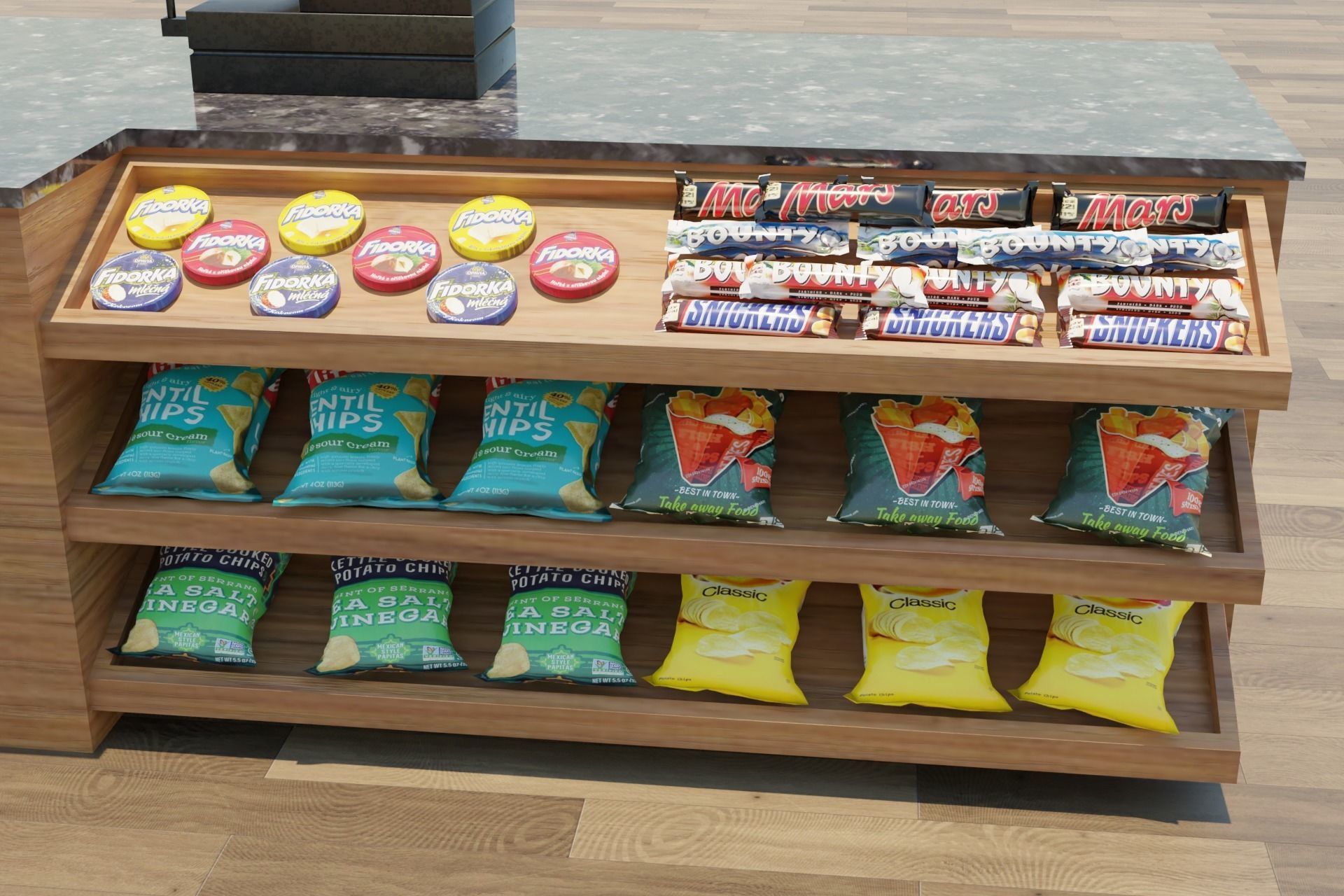 Supermarket Checkout Counter Cashier with food Low-poly 3D model_6