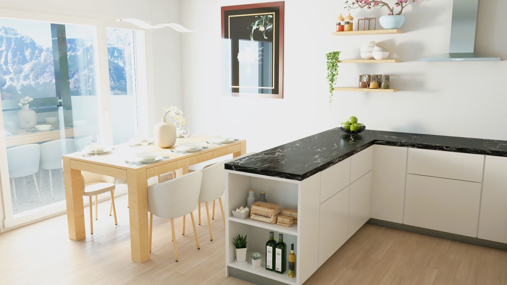 Decorated modern kitchen set with dining table 3D model_4