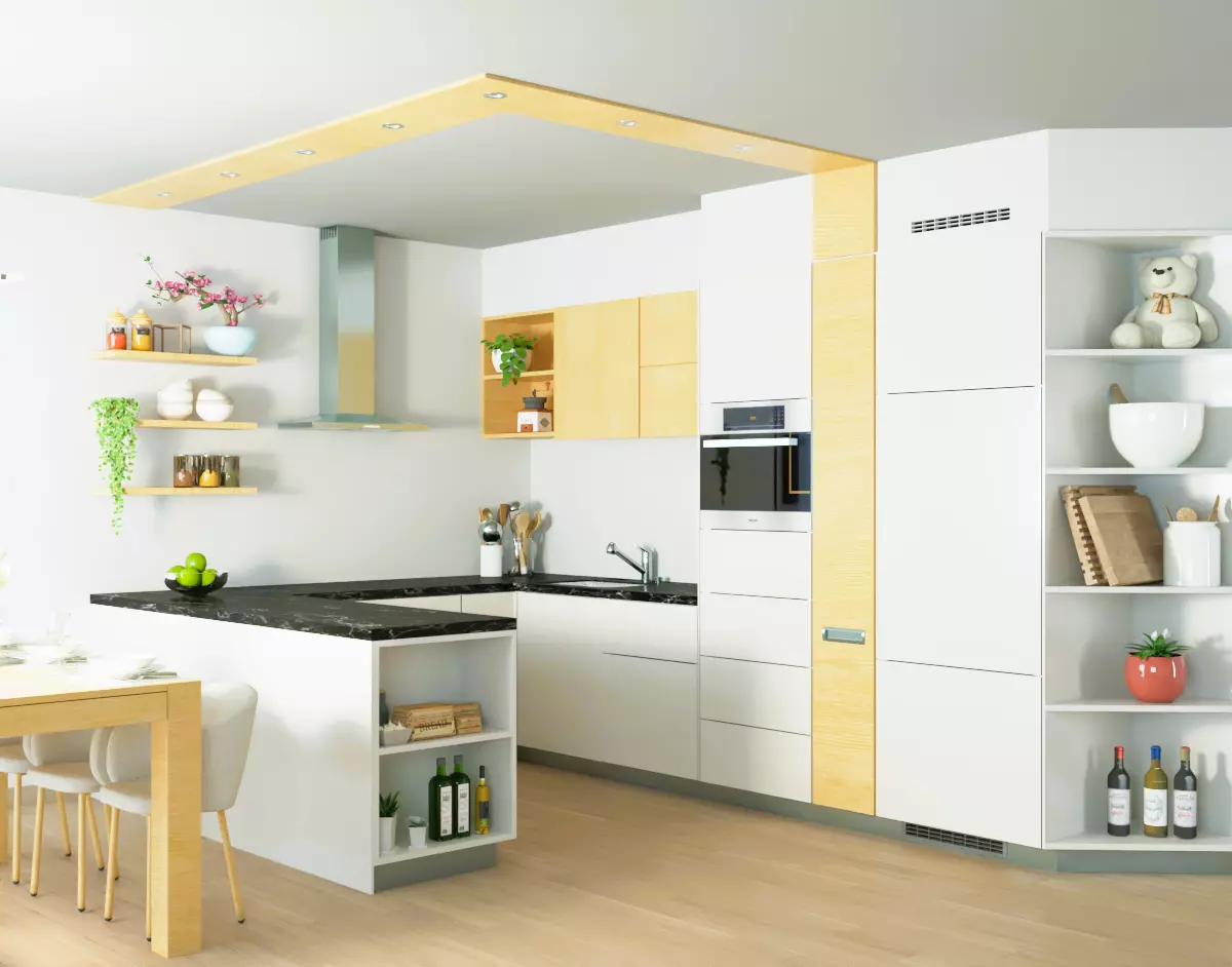 Decorated modern kitchen set with dining table 3D model_0