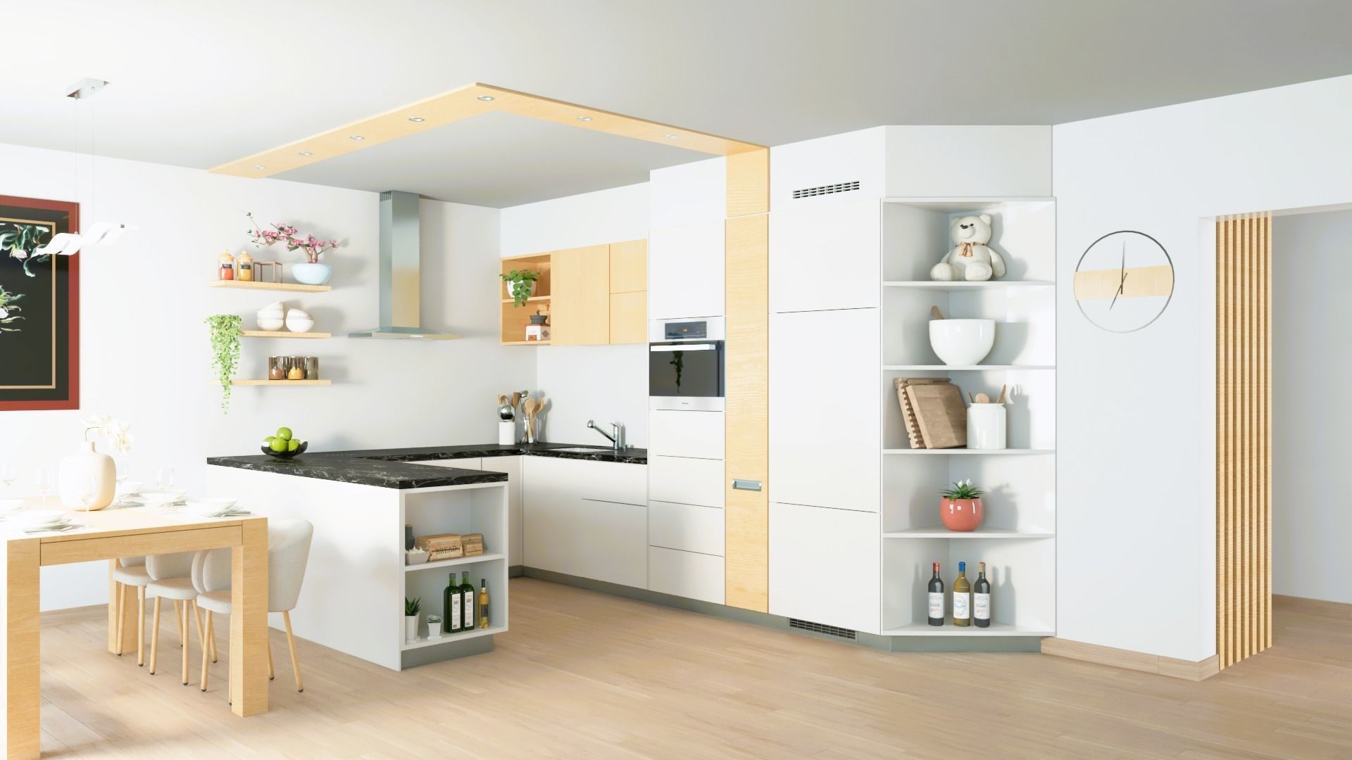 Decorated modern kitchen set with dining table 3D model_1