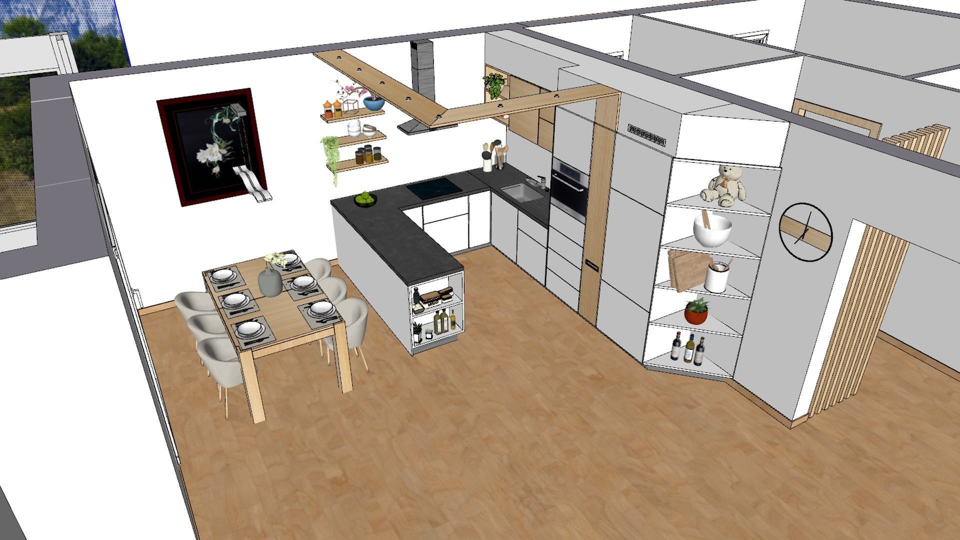 Decorated modern kitchen set with dining table 3D model_6