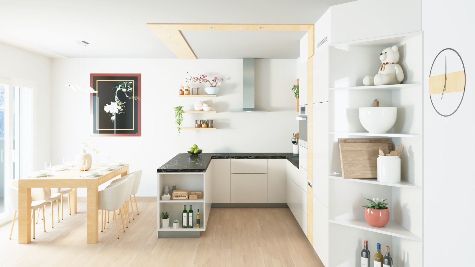 Decorated modern kitchen set with dining table 3D model_3