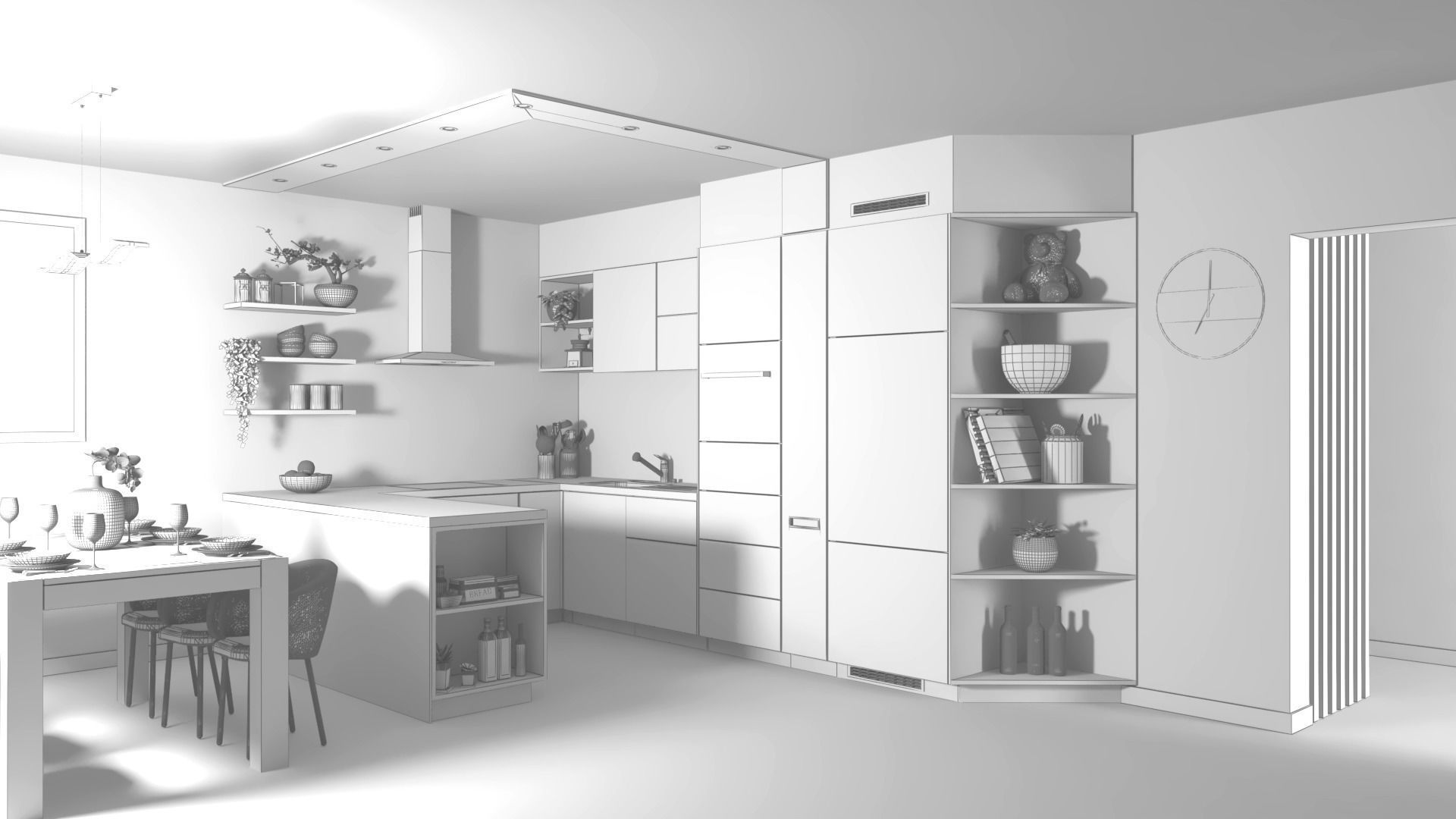 Decorated modern kitchen set with dining table 3D model_8