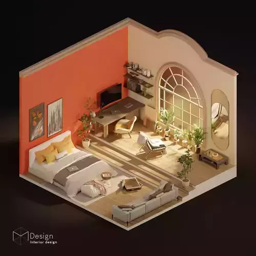 High poly realistic isometric bedroom 3D model