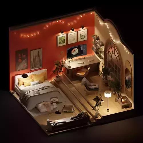 High poly isometric night bedroom