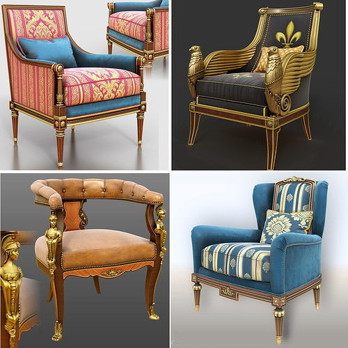 4 classic armchairs set 3D model