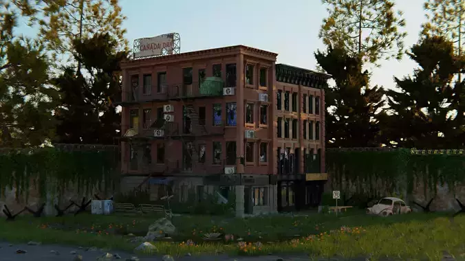 Post apocalyptic abandoned brick building