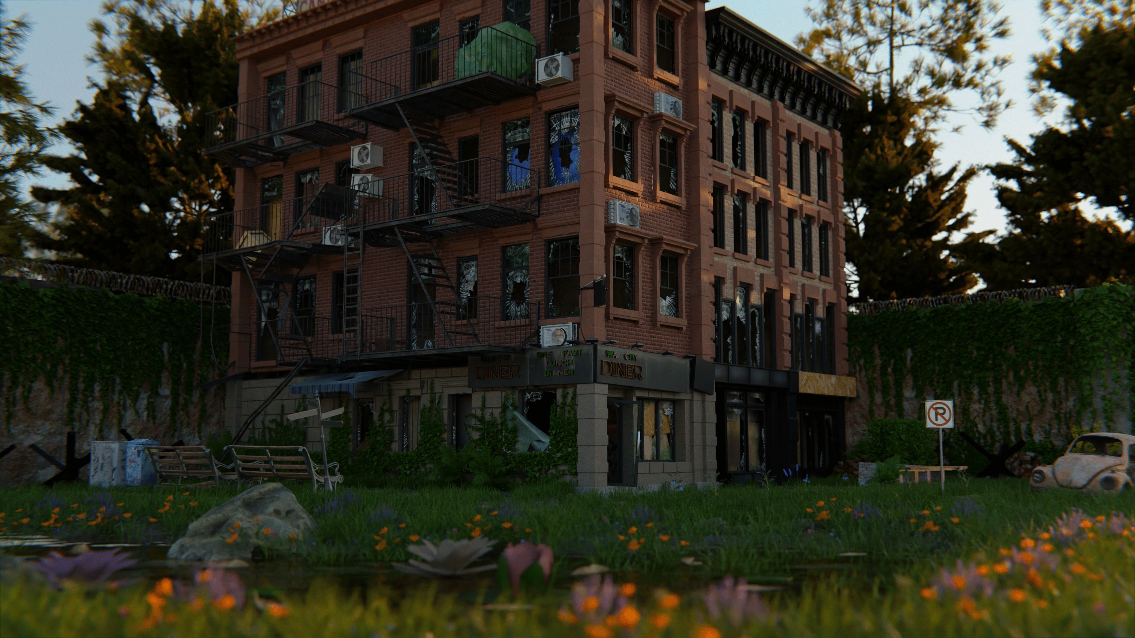 Post apocalyptic abandoned brick building 3D model | CGTrader