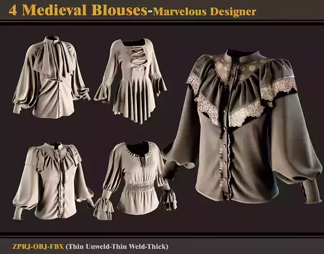 4 Medieval Blouses-Marvelous Designer ZPRJ and OBJ and FBX