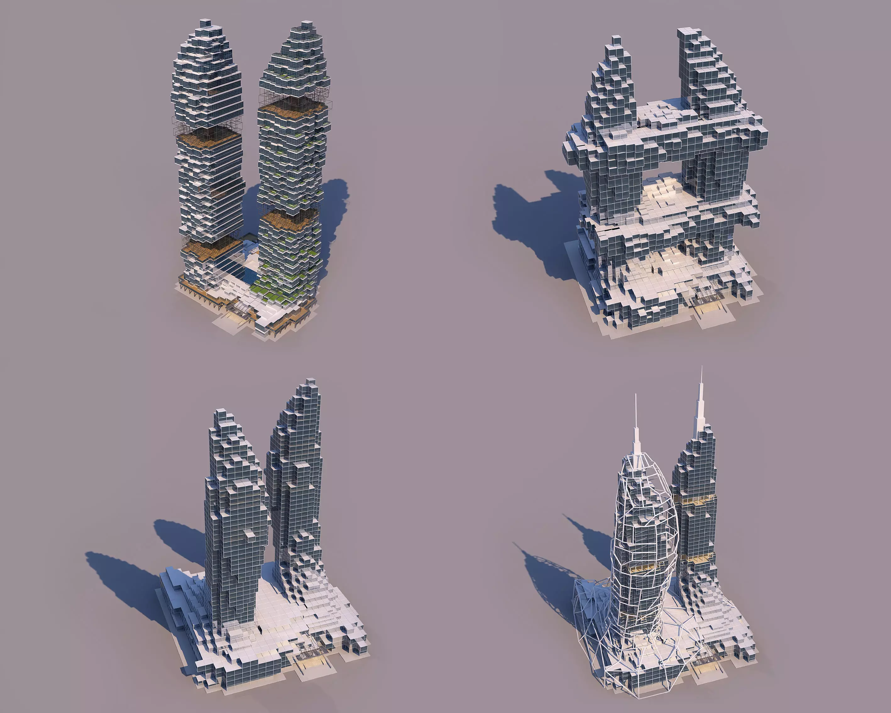 4 Voxel Skyscrapers - Architecture 3D Projects - 2D Drawings 3D Model Collection_0