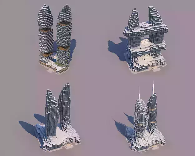 4 Voxel Skyscrapers - Architecture 3D Projects - 2D Drawings 3D Model Collection