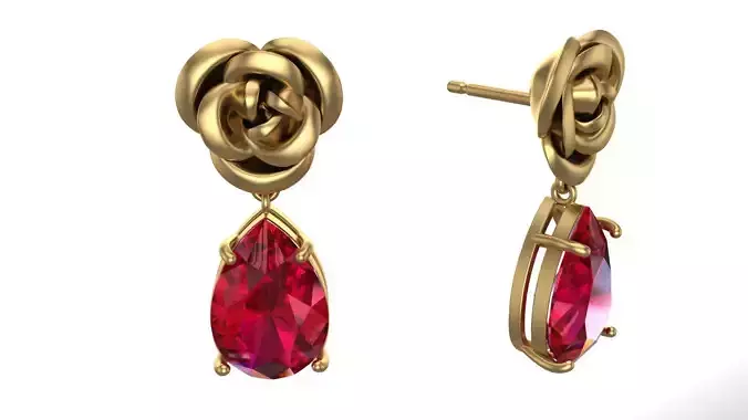 Flower Stud Earring with Pendant Pear Gem 12x8 mm