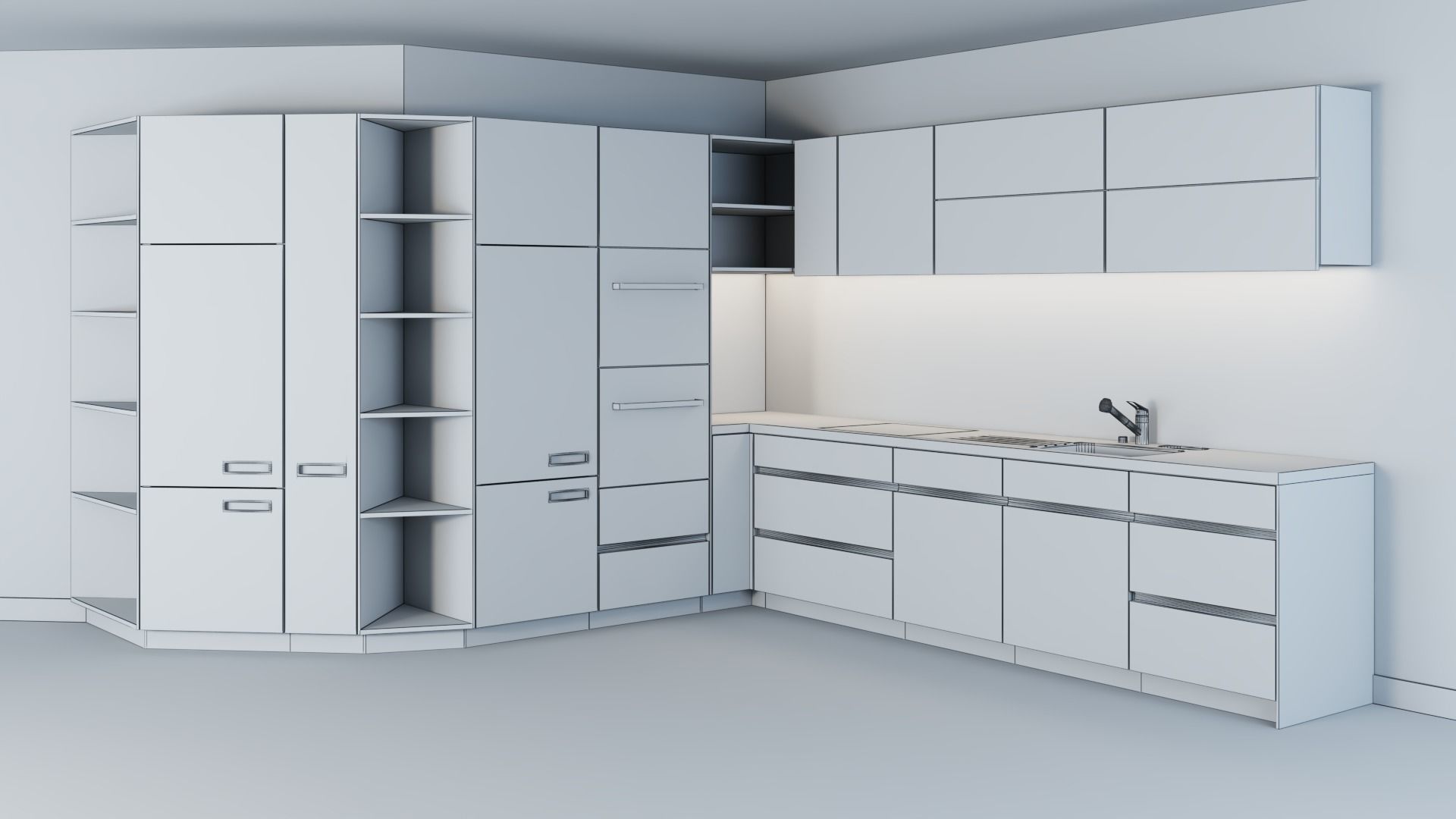 Open modern kitchen following the wall 3D model_8
