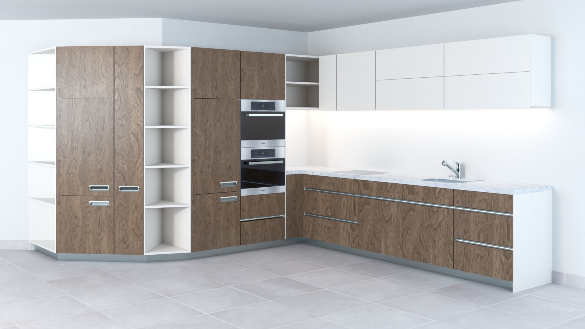 Open modern kitchen following the wall 3D model_1