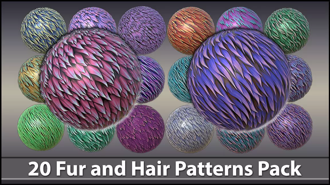 20 Stylized Fur and Hair Patterns Pack Low-poly 3D model_0