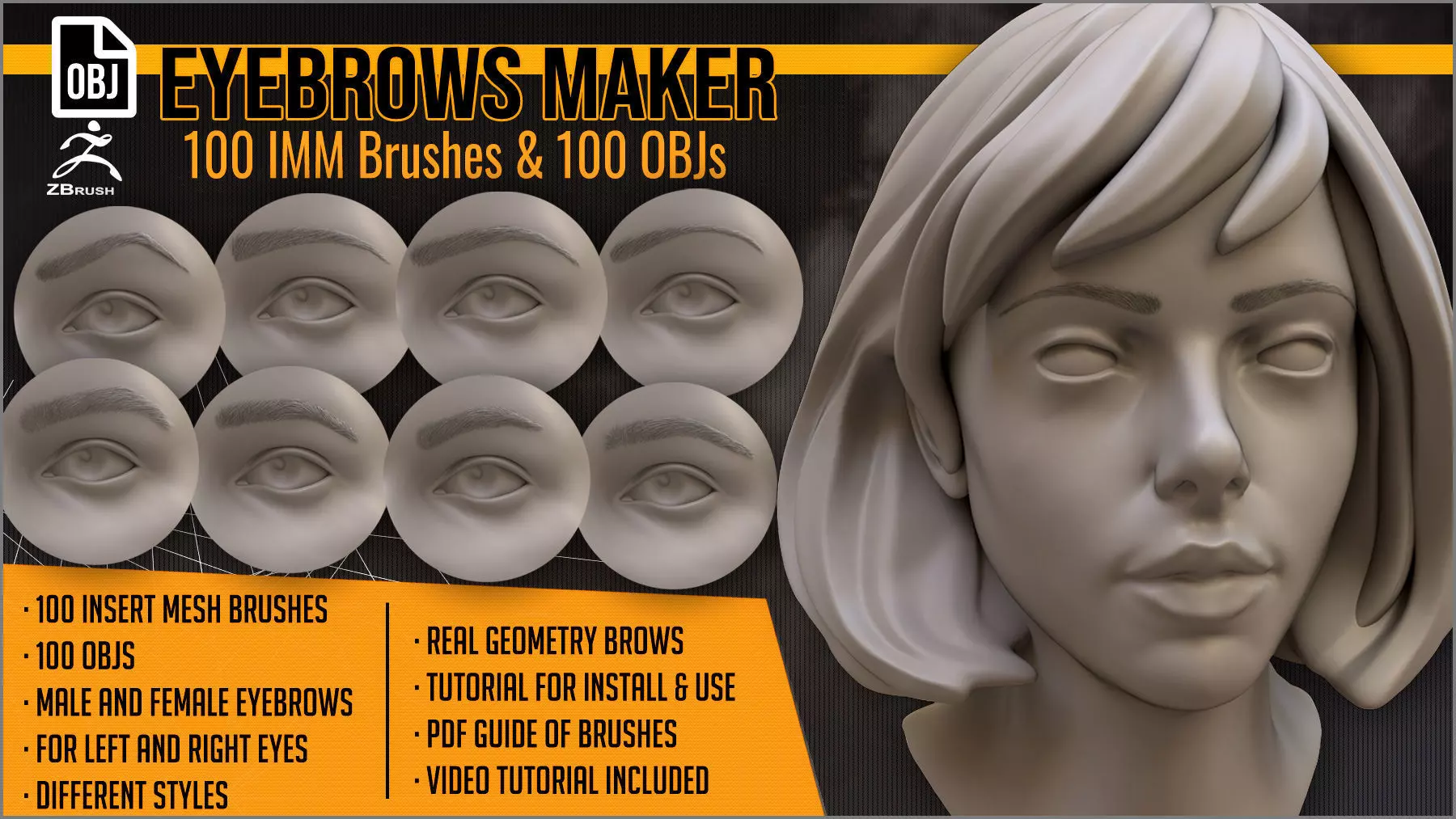 Eyebrows Maker 100 ZBrush IM brushes and 100 OBJs 3D model_0