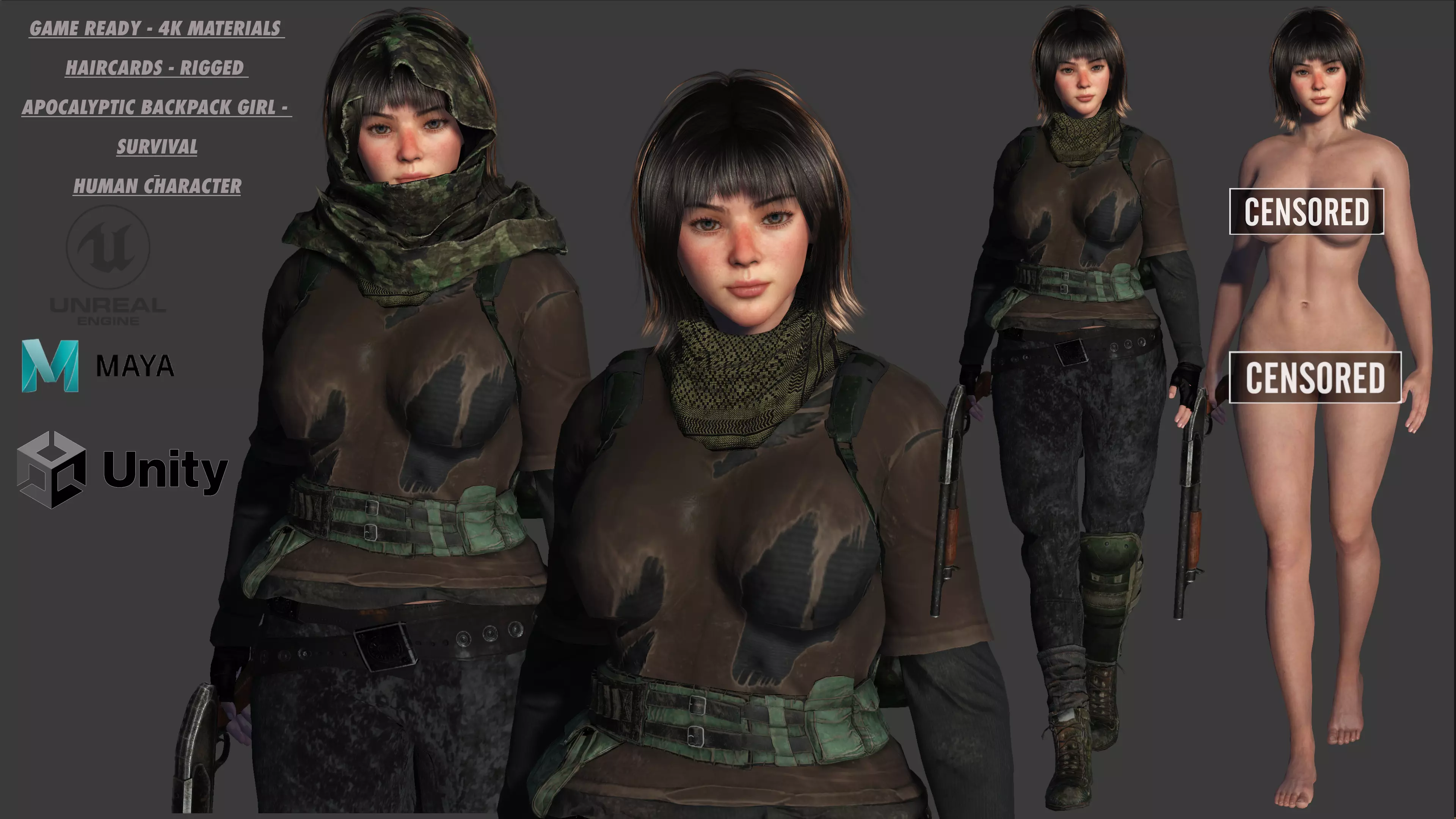 3D HYPERREALISTIC HUMAN RIG CHARACTER-ASIAN SURVIVAL APOCAlYPTIC Low-poly 3D model_0