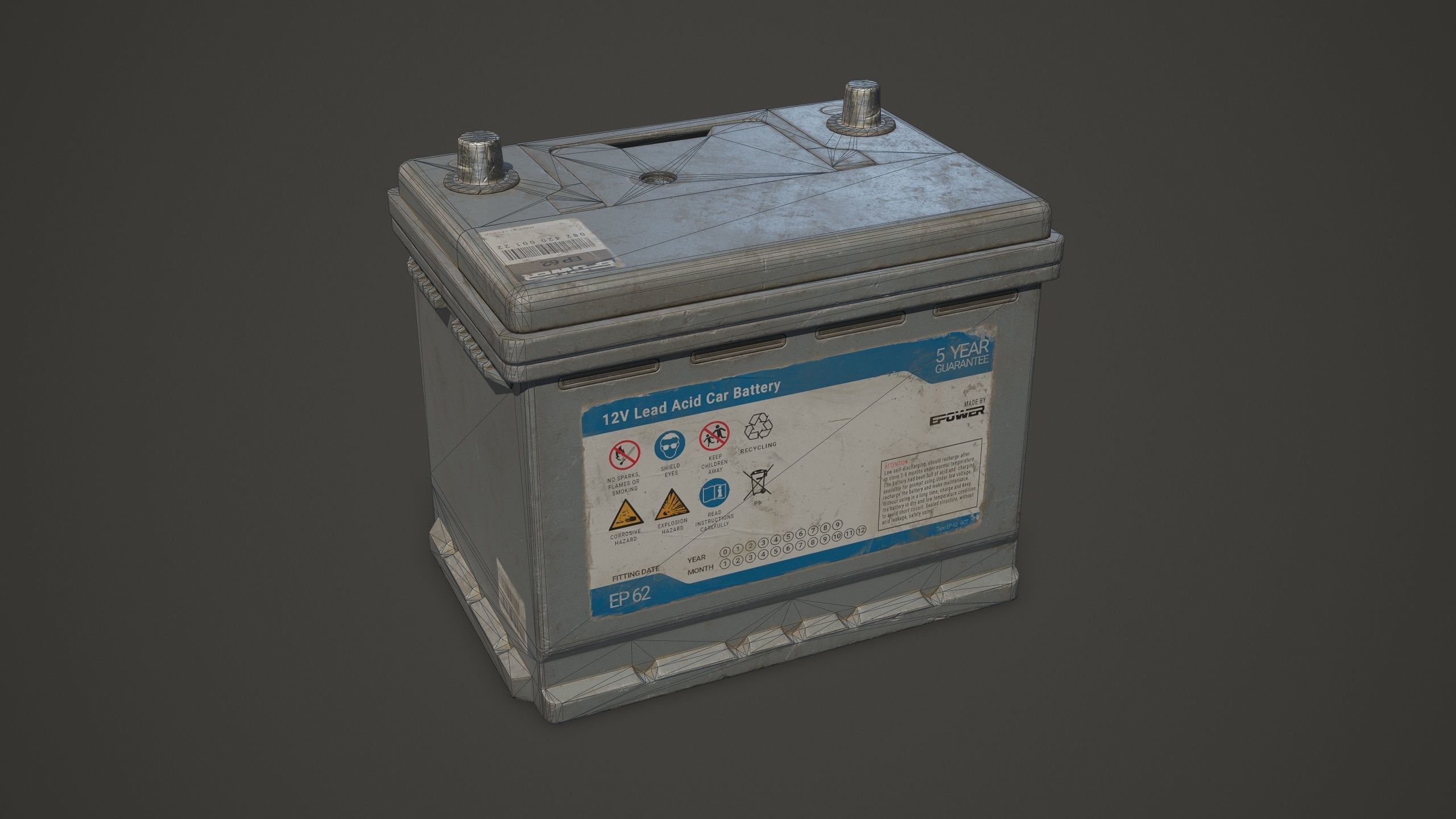Car Battery 62 6CT 12 Volt - PBR Game Ready Low-poly 3D model_9