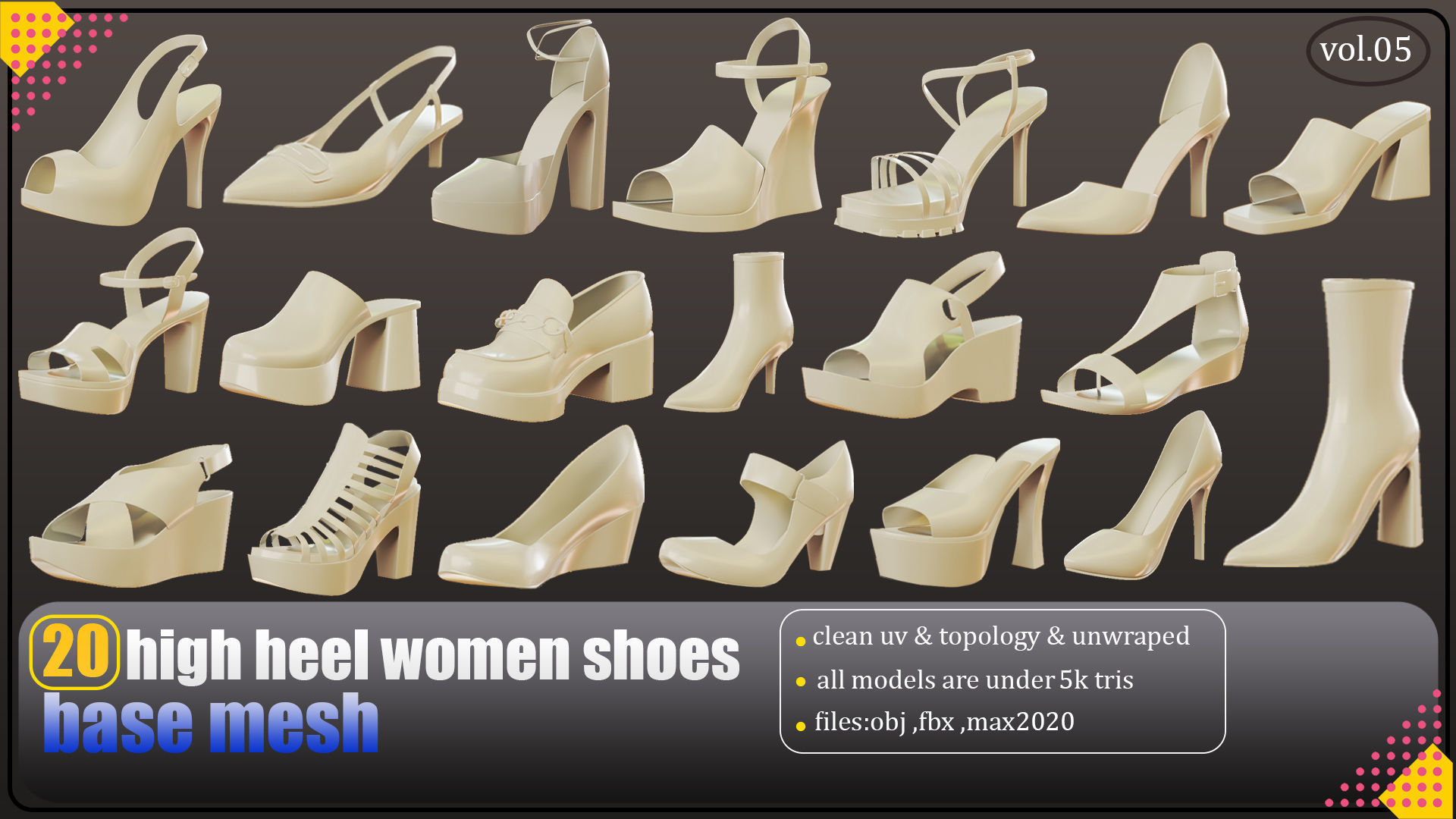 20 high heel women shoes lowpoly basemesh   Low-poly 3D model_3