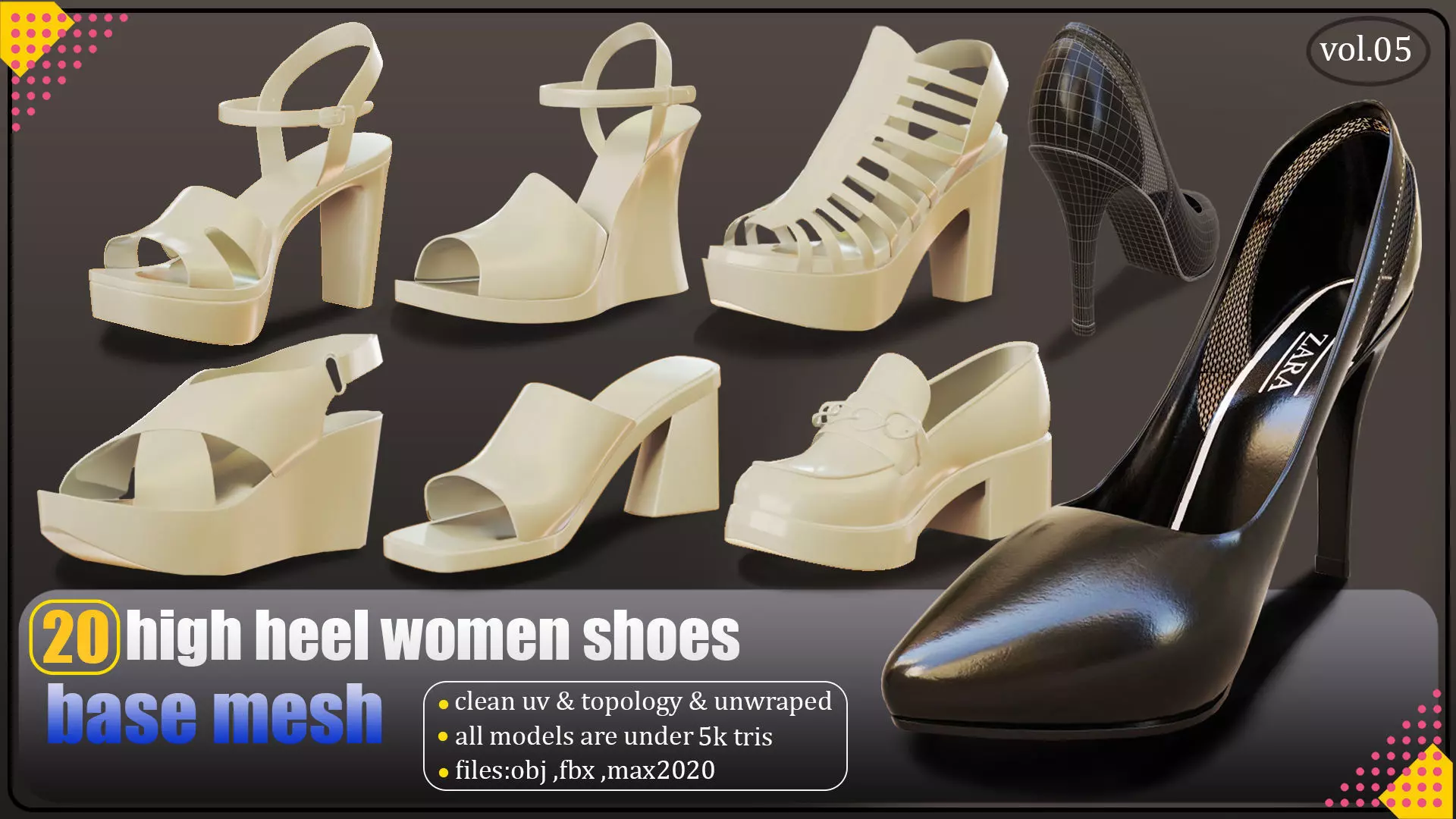 20 high heel women shoes lowpoly basemesh   Low-poly 3D model_0